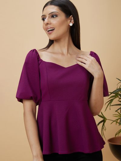 Globus Women Purple Solid Sweetheart Neckline Puffed Sleeve Casual Top