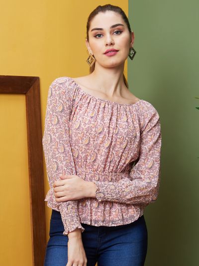 Globus Women Pink Printed Casual Square Neck Peplum Top