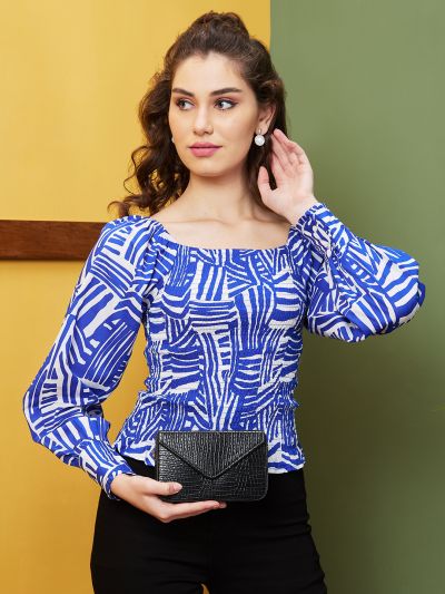 Globus Women Blue Printed Casual Square Neck Top