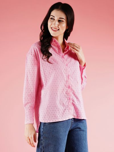 Globus Women Pink Cuffed Sleeves Schiffli Design Longline Workwear Shirt