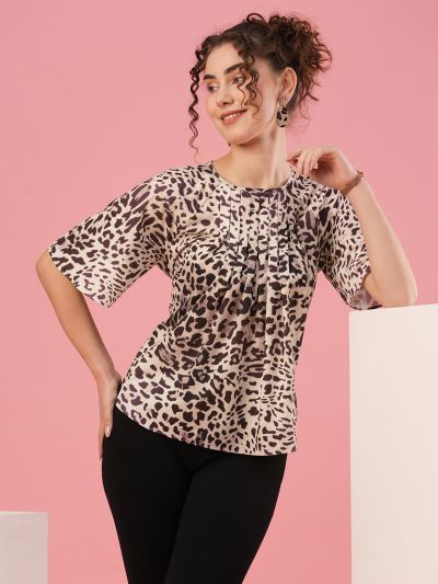 Globus Women Multi Color Animal Print Round Neck Casual Top