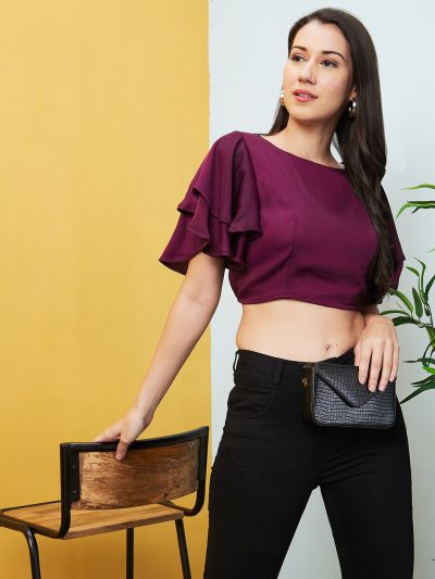 Globus Women Purple Solid Round Neck Flared Sleeves Casual Crop Top