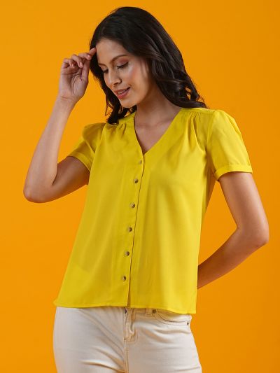 Globus Women Lime V-Neck Short Puff Sleeves Workwear Shirt Style Top