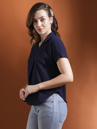 Globus Women Navy Blue Shirt Collar Extended Sleeves Workwear Top