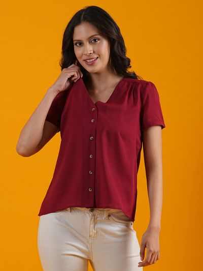 Globus Women Red V-Neck Short Puff Sleeves Workwear Shirt Style Top