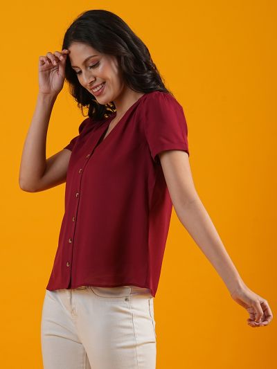 Globus Women Red V-Neck Short Puff Sleeves Workwear Shirt Style Top