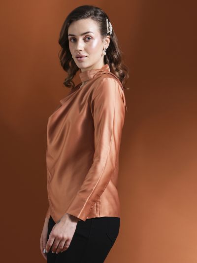Globus Women Rust Cowl Neck Long Cuffed Sleeves Stain Workwear Top
