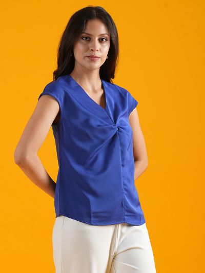 Globus Women Blue V-Neck Extended Sleeves Twisted Woven Workwear Top