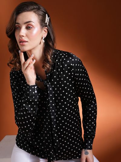 Globus Women Black Polka Dots Tie-Up Neck Cuffed Sleeves Stain Work Wear Top