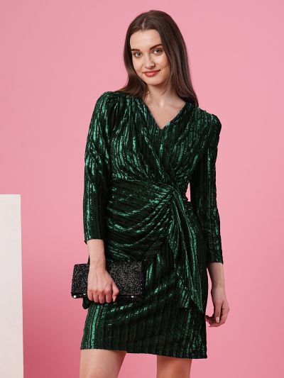 Globus Women Green V-Neck Puff Sleeve Gathered Velvet Striped Wrap Party Dress