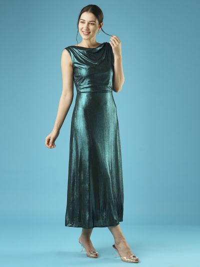 Globus Women Teal Shiny Cowl Neck Side Slit Knitted A-Line Midi Party Dress