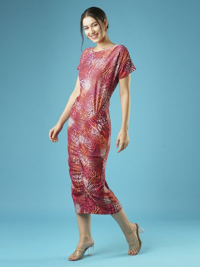 Globus Women Multi Animal Printed Round Neck Short Sleeves Ruched Bodycon Midi Dress