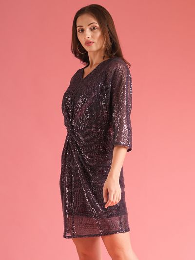 Globus Women Purple Gathered & Sequinned A-Line Party Dress