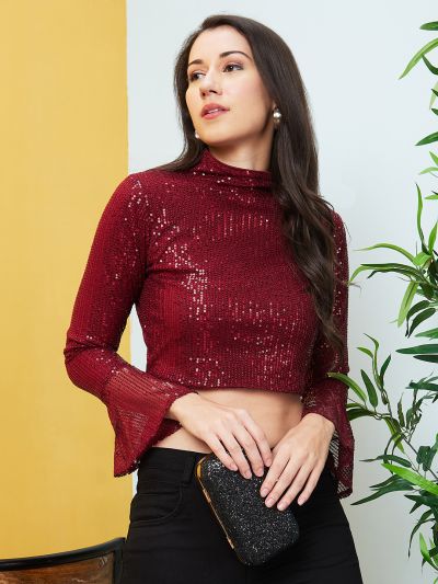 Globus Women Maroon High Neck Bell Sleeve Sequinned Party Crop Top