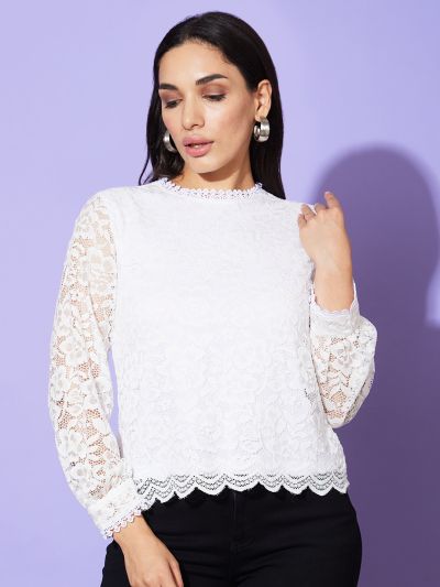 Globus Women White High Neck Long Sleeves Floral Lace Party Top