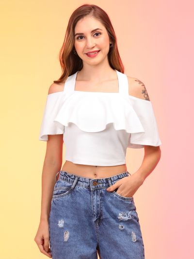 Globus Women White Off Shoulder Bardot Crop Top