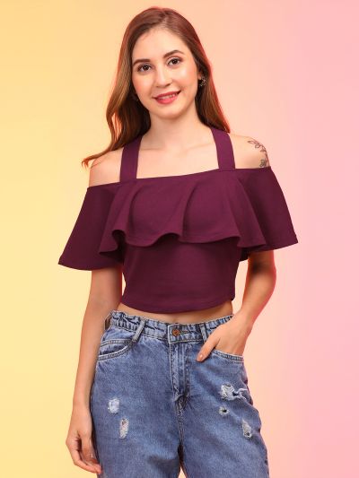 Globus Women Wine Off Shoulder Bardot Crop Top