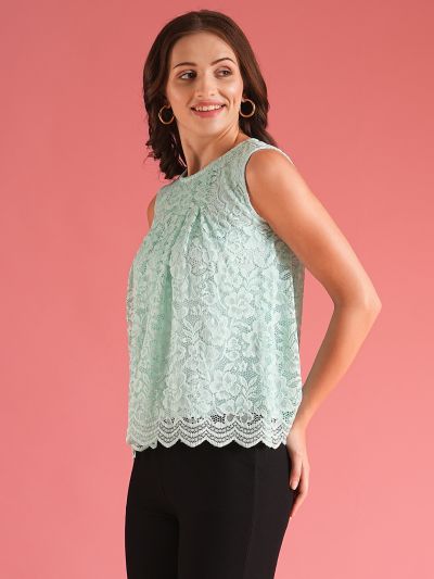 Globus Women Mint Green Pleated Floral Design Lace Party Top