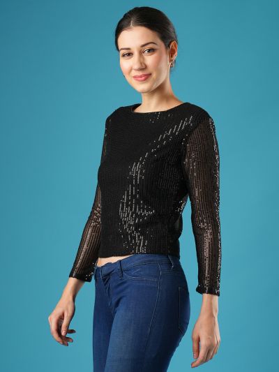 Globus Women Black Round Neck Full Sleeve Sequinned Party Top