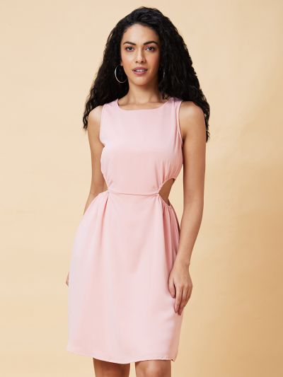Globus Women Pink Solid Waist Cut Out Party A-Line Dress 
