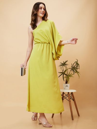 Globus Women Yellow Kimono Sleeves One Shoulder Gathered Waist Fit & Flare Side Slit Maxi Dress