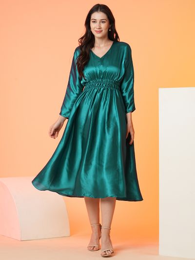 Globus Women Green Smocked Waist Flared A-Line Midi Party Dress