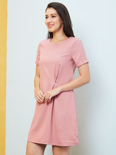 Globus Women Pink Solid Round Neck Fit And Flare Party Dress
