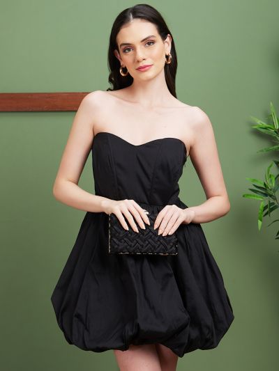 Globus Women Black Strapless Sweetheart Neck Panelled Balloon Party Dress