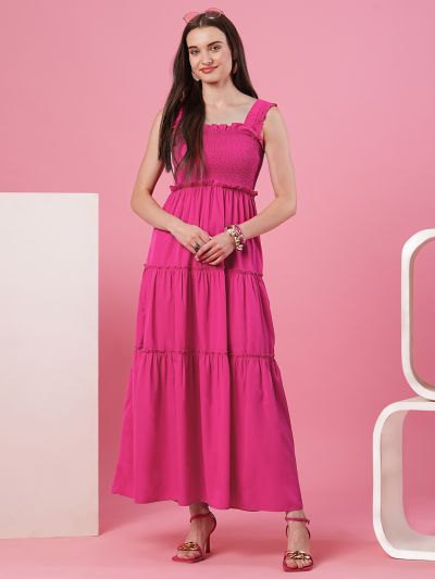 Globus Women Pink Square Neck Strappy Shoulder Smocked Tiered Fit & Flare Maxi Dress