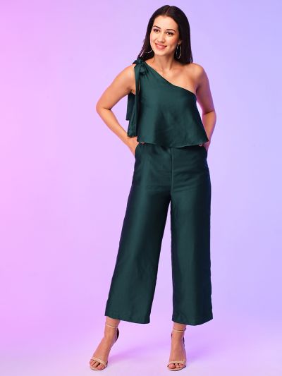 Globus Women Green One Shoulder Tie-Up Party Jumpsuit