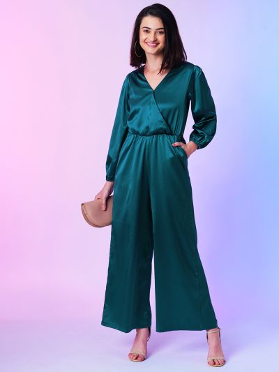 Globus Women Teal Wrap Neck Wide-Leg Party Jumpsuit