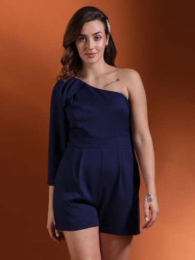 Globus Women Navy Blue One Shoulder Puff Sleeves Mini Party Jumpsuit