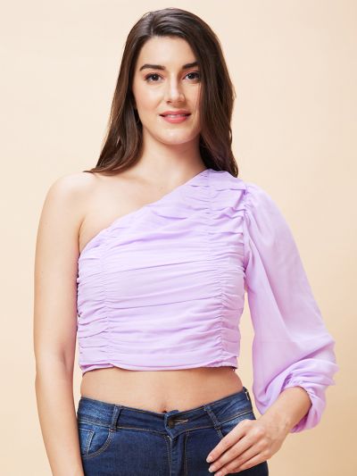 Globus Women Lavender Solid One Shoulder Pleated Party Crop Top