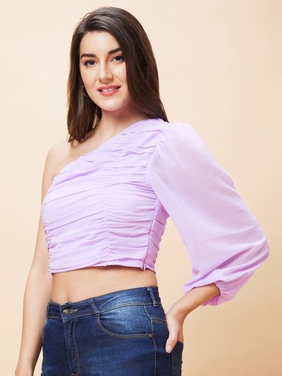 Globus Women Lavender Solid One Shoulder Pleated Party Crop Top