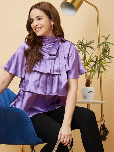 Globus Women Purple Tiered Flare Sleeves Tie-Up Neck Party Top