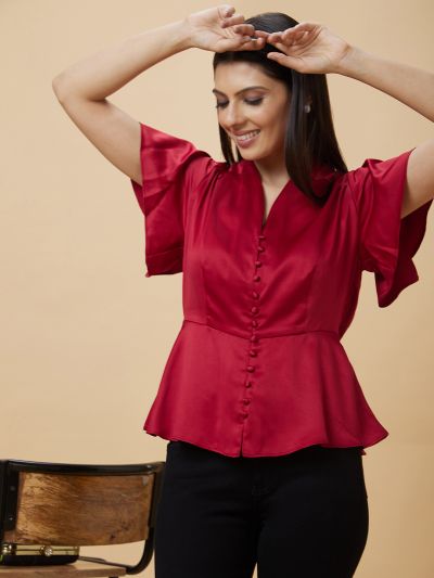 Globus Women Red V Neck Flutter Sleeve Peplum Party Top