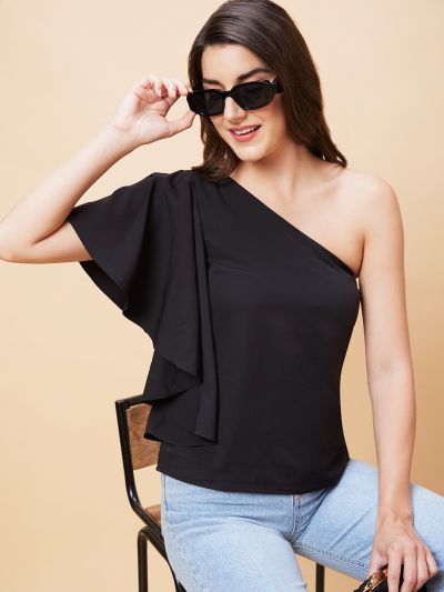 Globus Women Black Solid One Shoulder Party Top