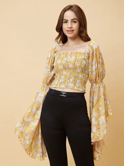 Globus Women Yellow Square Neck Long Flared Sleeves Smocking Detail Floral Print Smocked Crop Top