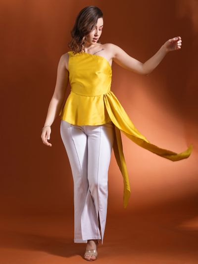 Globus Women Yellow One Shoulder Waist Style Satin Peplum Party Top