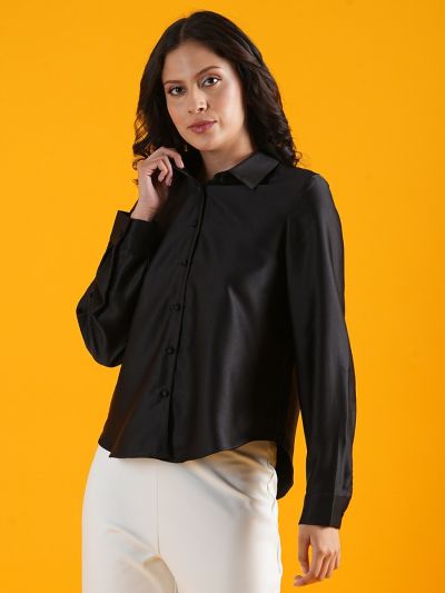 Globus Women Black Spread Collar Cuffed Sleeves Curved Hem Shirt Style Workwear Top