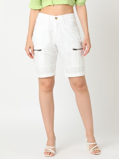 Globus Women White Stretchable Mid Rise Slim Fit Washed Cargo Shorts