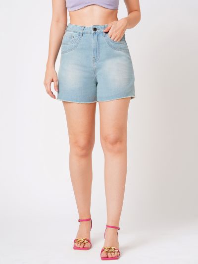 Globus Women Light Blue Slim Fit Mid-Rise Washed Frayed Hem Denim Shorts