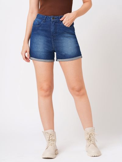 Globus Women Dark Blue Stretchable Mid-Rise Slim Fit Washed Denim Shorts