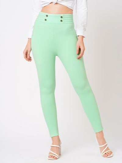 Globus Women Mint Green Stretchable Mid-Rise Pintuck Waist Skinny Fit Workwear Treggings