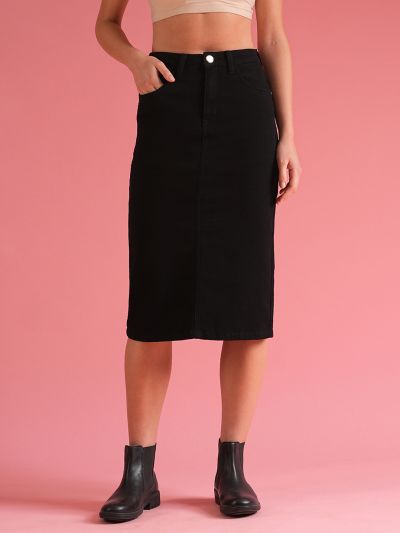 Globus Women Black Back Slit Denim Pencil Skirt