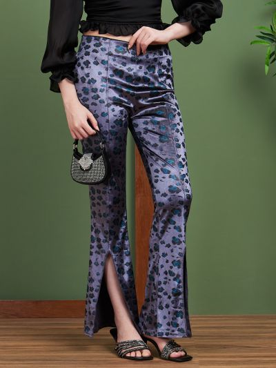 Globus Women Gunmetal Printed Polyester Flared Party Trousers