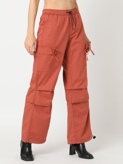 Globus Women Rust Washed Relaxed Straight Leg Cargo With Adjustable Toggles Hem 