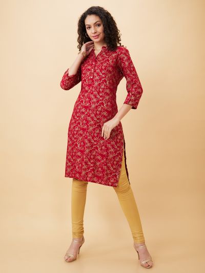 Globus Women Red Printed Mandarin Collar Straight Kurta