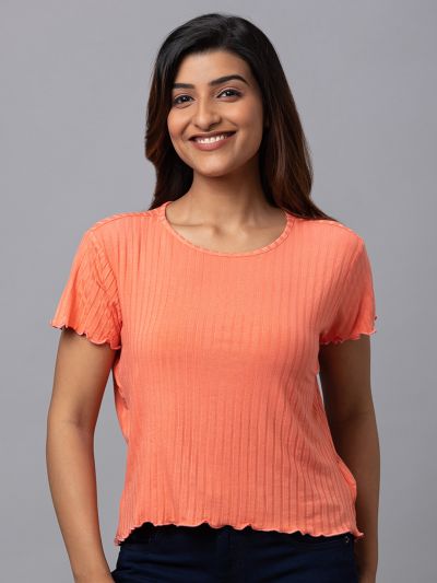 Globus Women Coral Solid Round Neck Casual Regular Fit Crop Tshirt