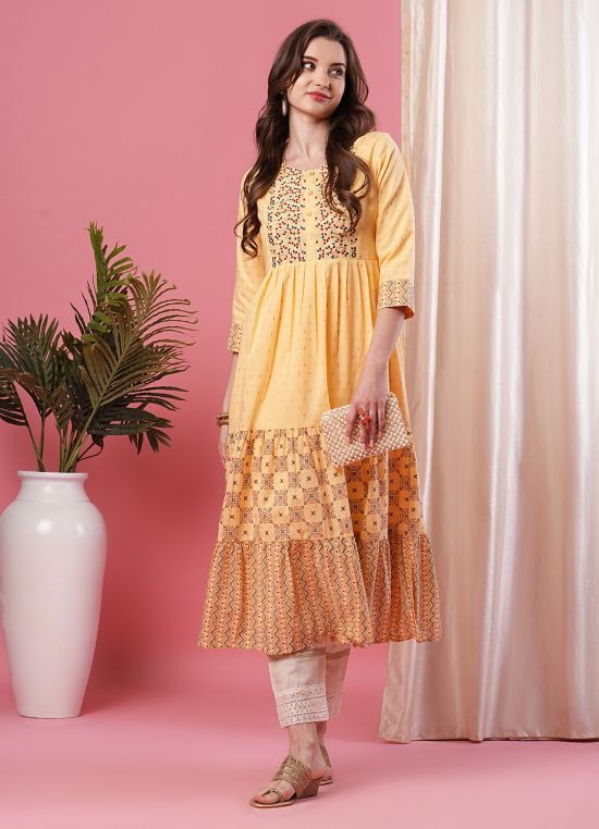 Globus Women Yellow Printed Round Neck Anarkali Kurta